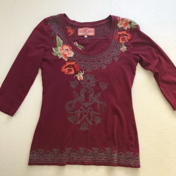 Johnny Was Burgundy Floral Embroidered Top - Picture 2 of 13